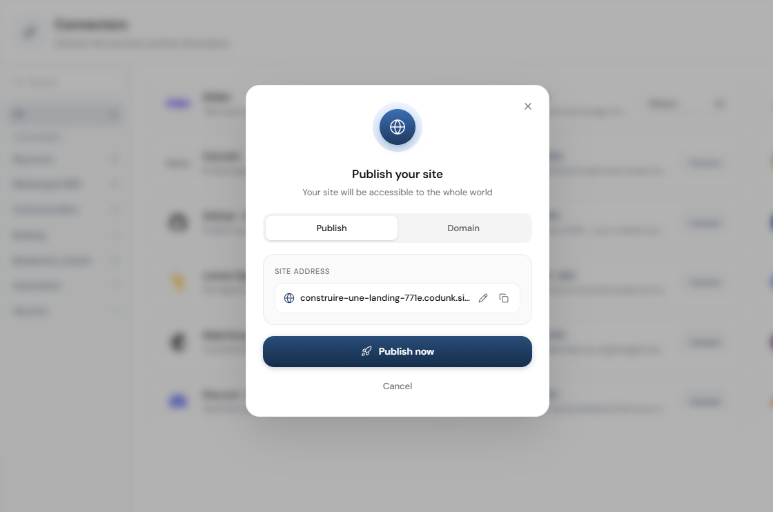 The Publish button right after clicking it, with the live URL